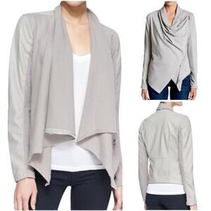 BlankNYC Private Practice Vegan Leather & Cotton Drape Front Moto Jacket Gray, S